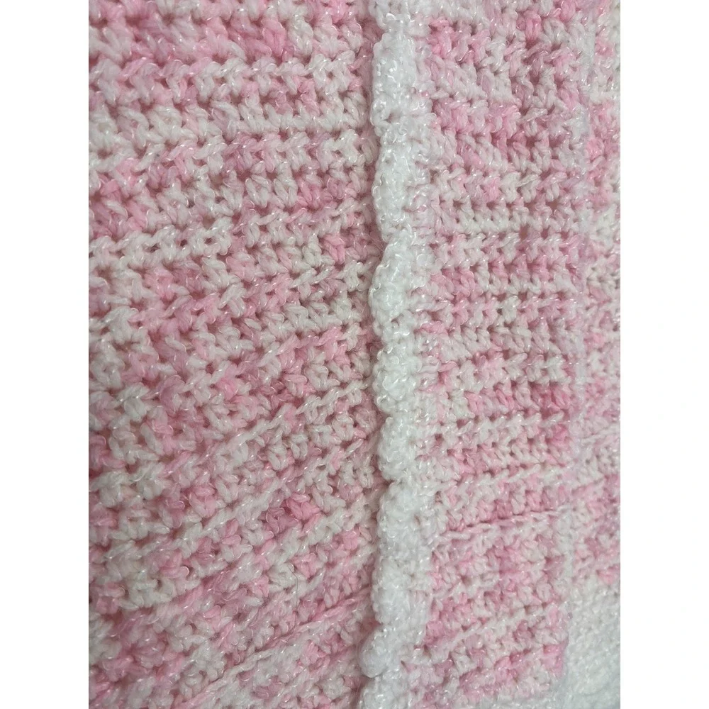 Handmade Crochet Baby Blanket Pink White Scalloped Border Soft Knit Nursery